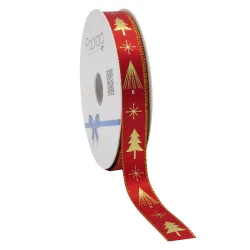 Christmas Trees & Stars Satin Ribbon; Gold on Red